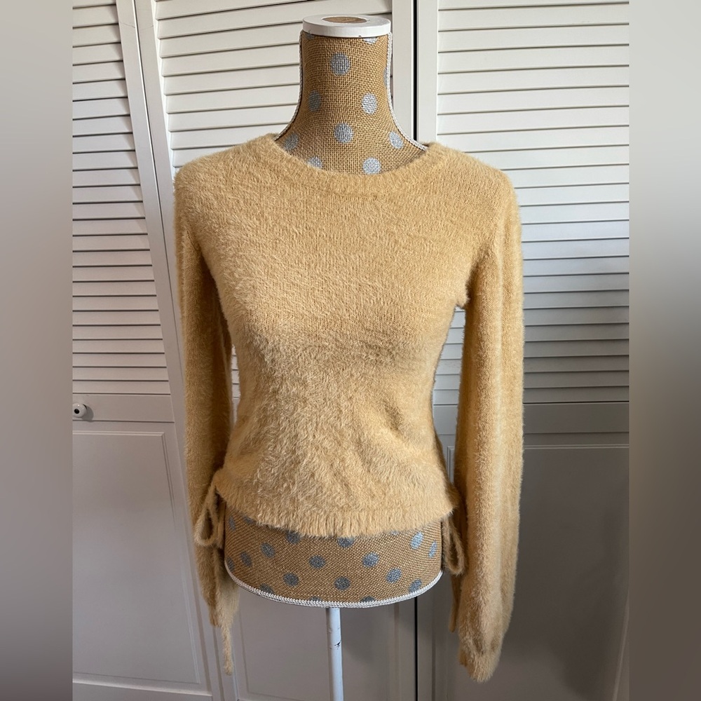 Hippie rose, long sleeve, fuzzy side, tie, sweater size small peach